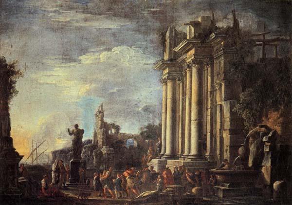 Giovanni Ghisolfi Landscape with Ruins and a Sacrificial Srene